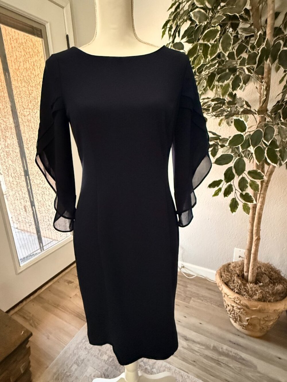DKNY Navy Sheath Dress with Chiffon Draped Sleeves 8P